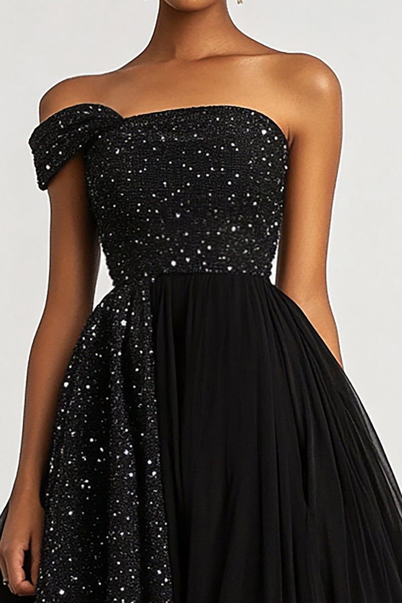 Load image into Gallery viewer, A Line Black One Shoulder Tulle Sequins Formal Dress