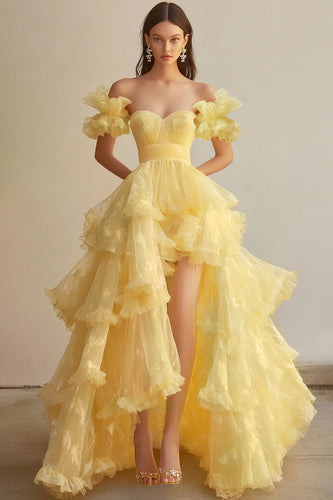 Yellow Boat Collar Short Sleeves Organza Formal Dress with Big A Hem