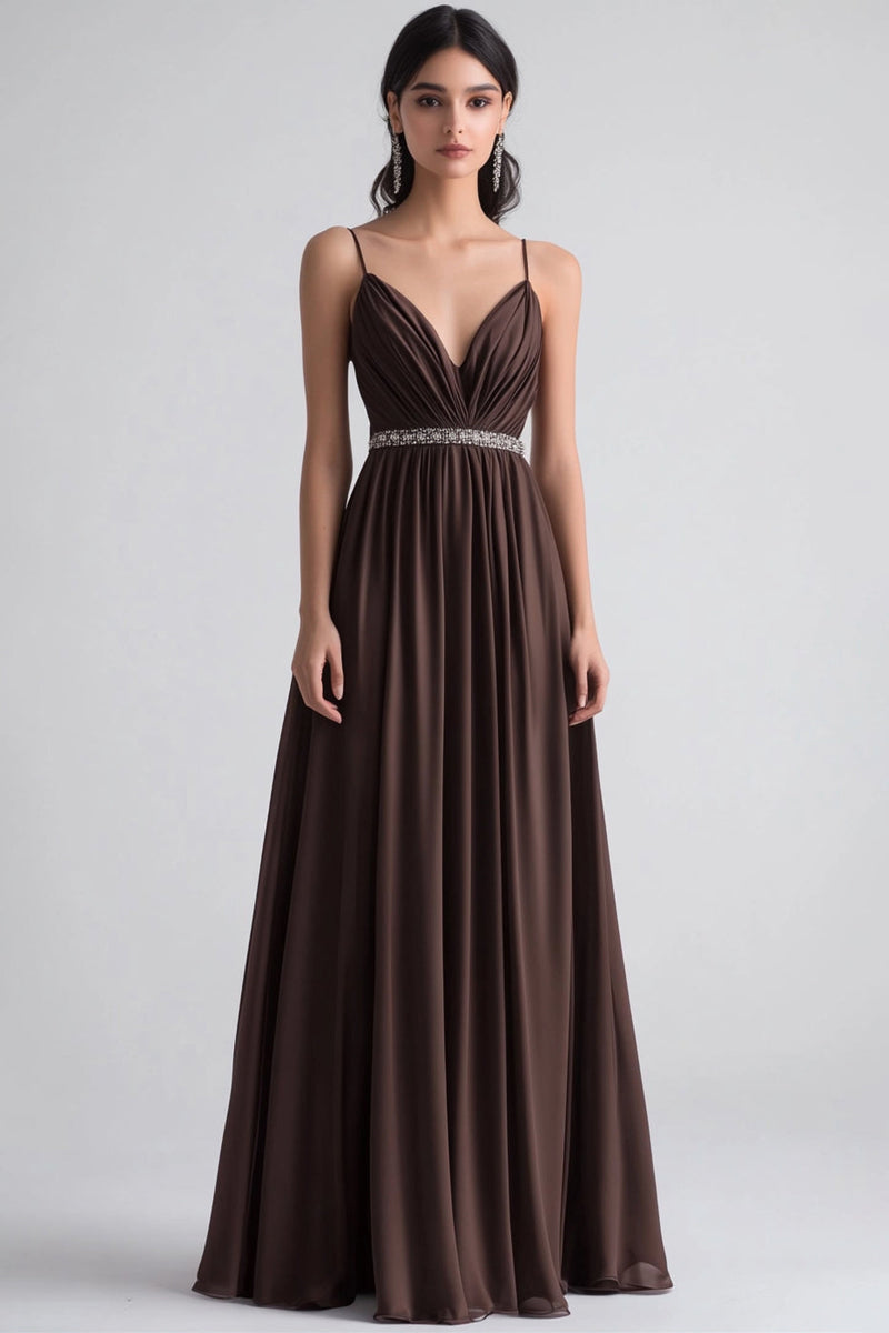 Load image into Gallery viewer, Coffee A Line Spaghetti Straps Ruched Formal Dress