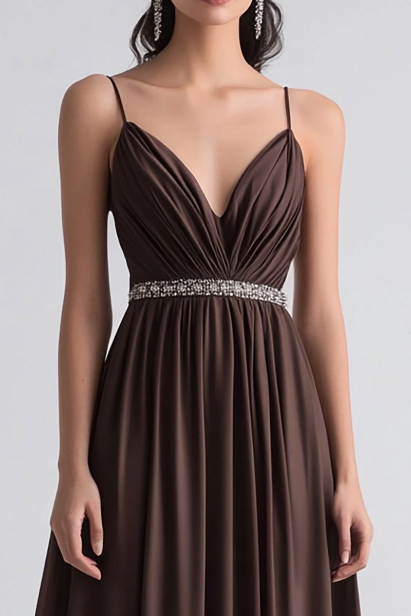 Load image into Gallery viewer, Coffee A Line Spaghetti Straps Ruched Formal Dress