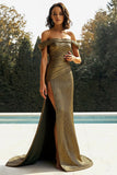 Off The Shoulder Metallic Gold Sheath Prom Dress With Slit