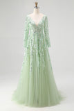 Dusty Sage Lace Applique Tulle V Neck Prom Dress with Long Sleeves