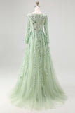 Dusty Sage Lace Applique Tulle V Neck Prom Dress with Long Sleeves