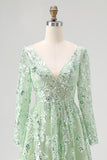 Sparkly Dusty Sage Applique V Neck Tulle Prom Dress with Long Sleeves
