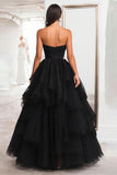 Princess Black Strapless Tulle Tiered Ruched Long Prom Dress