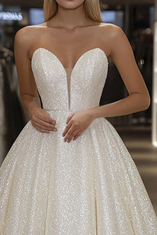 Glitter Ivory A Line Sweetheart Long Prom Dress