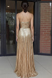 Gold Sweetheart Metallic A-Line Pleated Long Prom Dress