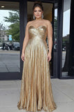 Metallic Gold Pleated A-Line Sweetheart Long Plus Size Prom Dress