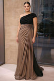One Shoulder Brown Ruched Sheath Plus Size Long Formal Dress