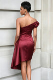 Burgundy Ruffled One Shoulder Bodycon Midi Cocktail Dress