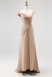 One Shoulder Sheath Light Khaki Pleated Plus Size Long Formal Dress