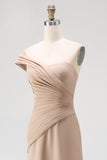 Light Khaki Mermaid Pleated One Shoulder Formal Dress