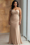 One Shoulder Sheath Light Khaki Pleated Plus Size Long Formal Dress