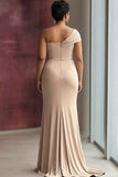 One Shoulder Sheath Light Khaki Pleated Plus Size Long Formal Dress