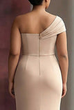 One Shoulder Sheath Light Khaki Pleated Plus Size Long Formal Dress
