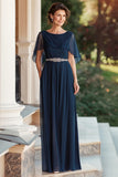 Chiffon A Line Navy Mother of the Bride Dress with Beaded Waist