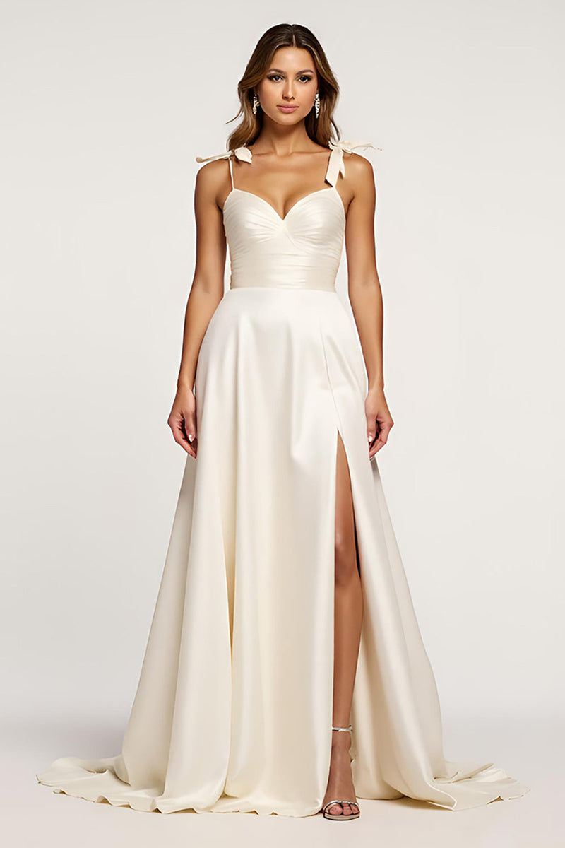 Load image into Gallery viewer, A Line White Spaghetti Straps Satin Formal Dress with Slit