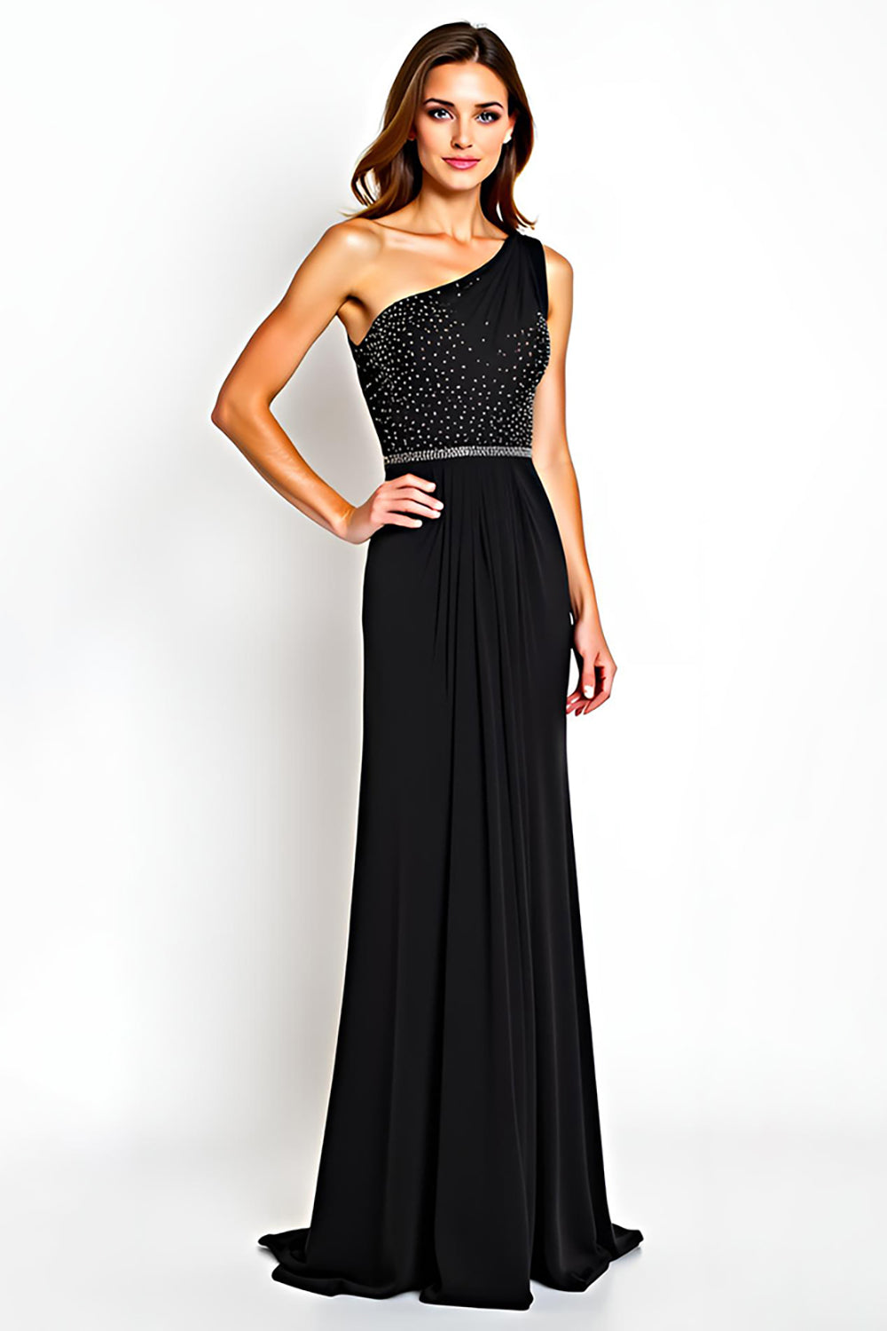 One Shoulder Black Chiffon Sheath Mother of the Bride Dress with Beading