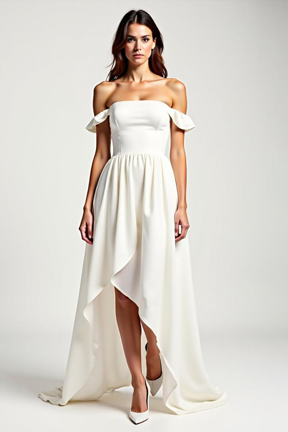 Off The Shoulder A Line White High-Low Formal Dress