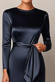 Elegant Bodycon Navy Satin Mother Of  Bride Dress With Drape