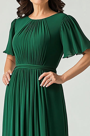 Elegant A Line Dark Green Ruched Mother Of Bride Dress With Flutter Sleeve