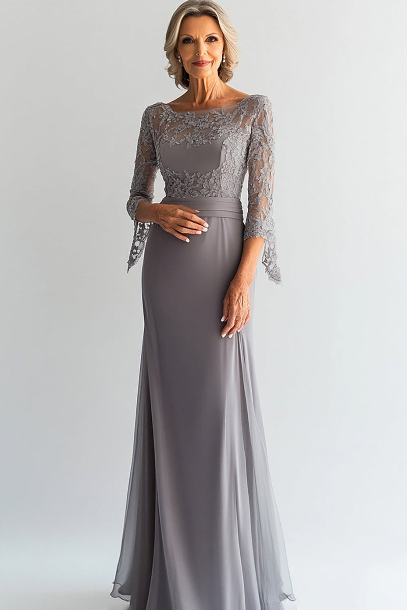 Load image into Gallery viewer, Elegant Sliver Shesth Scoop Long Chiffon Mother Of the Bride Dress with Lace Appliques