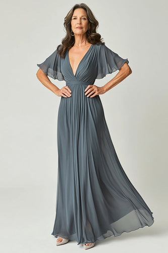 Elegant Twilight A-Line V-neck Ruch Long Chiffon Mother Of the Bride Dress with Flutter Sleeves