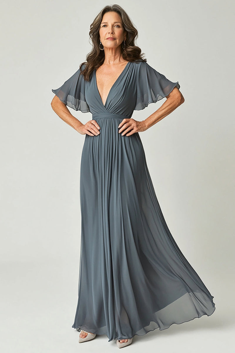 Load image into Gallery viewer, Elegant Twilight A-Line V-neck Ruch Long Chiffon Mother Of the Bride Dress with Flutter Sleeves