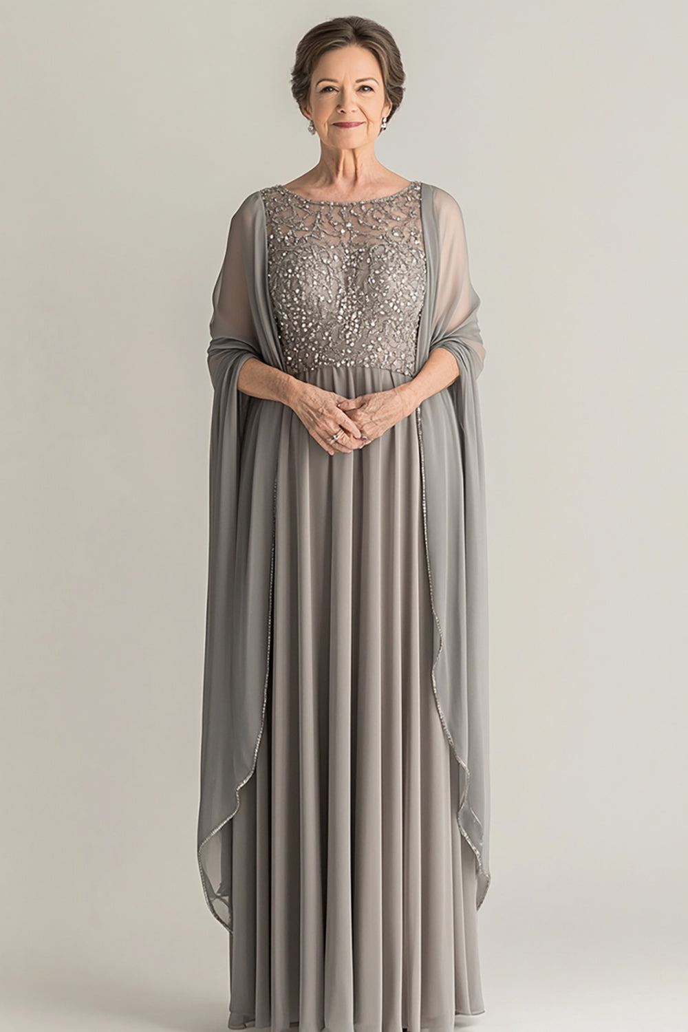 Elegant Sliver A-Line Scoop Long Chiffon Mother Of the Bride Dress with Lace Appliques