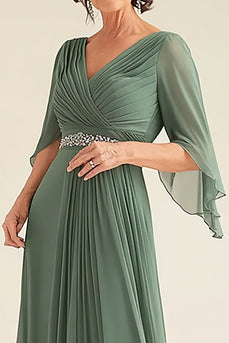 Elegant Eucalyptus A-Line V-neck Ruched Long Chiffon Mother Of the Bride Dress with Half Sleeves