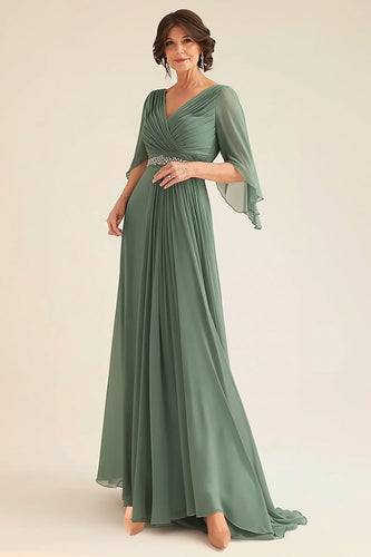 Elegant Eucalyptus A-Line V-neck Ruched Long Chiffon Mother Of the Bride Dress with Half Sleeves