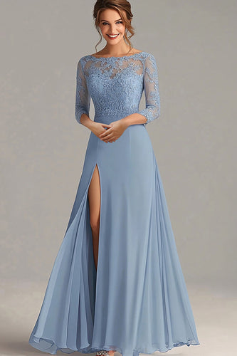 Elegant Dusty Blue A-Line Scoop Long Chiffon Mother Of the Bride Dress with Lace Appliques