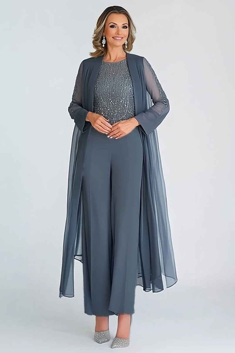 Load image into Gallery viewer, Elegant Twilight 2-piece Scoop Chiffon Ankle-Long Mother of the Bride Suits with Long Sleeves