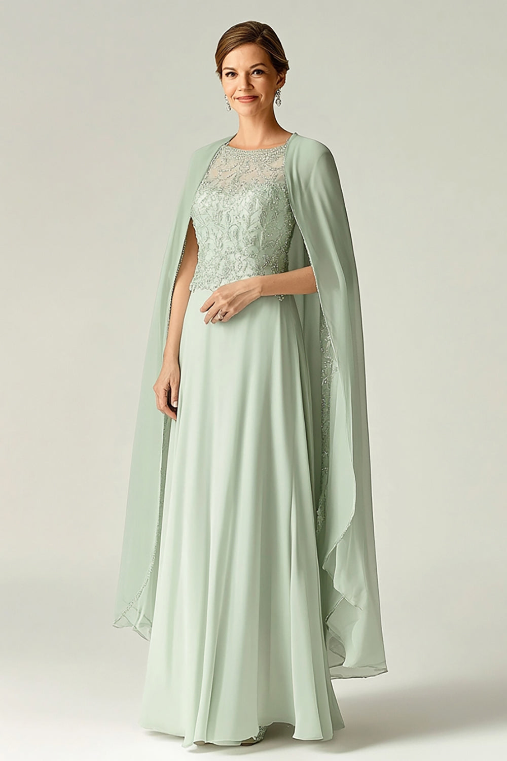 Elegant Mint A-Line Scoop Chiffon Beaded Long Mother of the Bride Dress with Cap