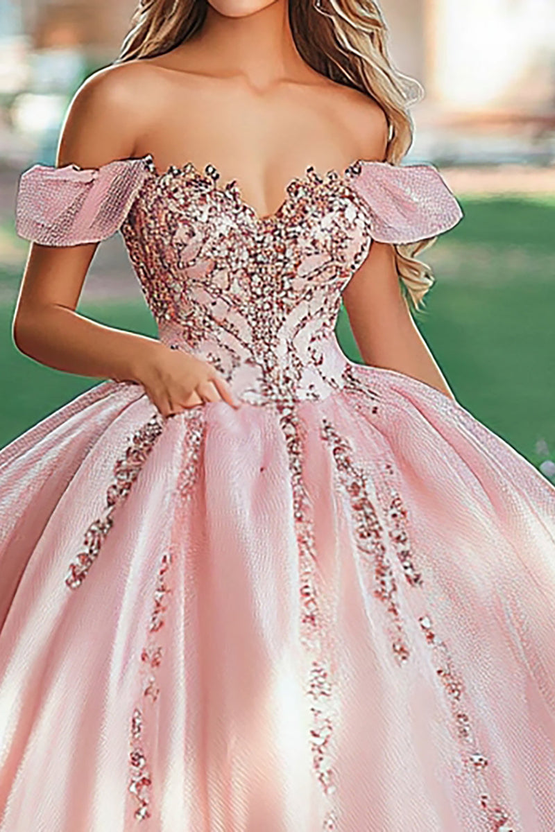 Load image into Gallery viewer, Blush Off the Shoulder Princess Satin Quinceanera Dress with Appliques