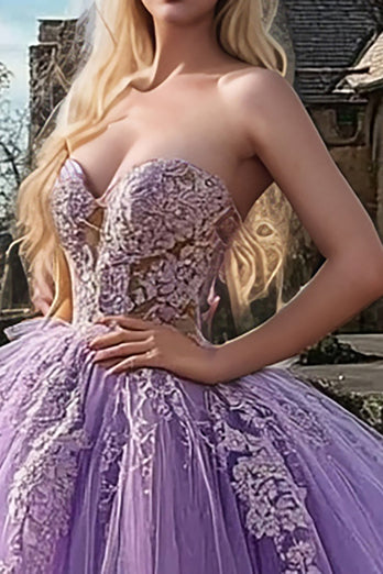 Plum Sweetheart Ball Goown Tulle Quinceanera Dress with Appliques