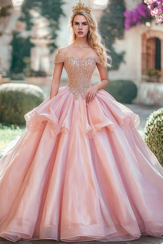 Blush Off the Shoulder Beaded Organza Princess Quinceanera Dress