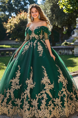 Dark Green Princess Tulle Off the Shoulder Quinceanera Dress with Appliques