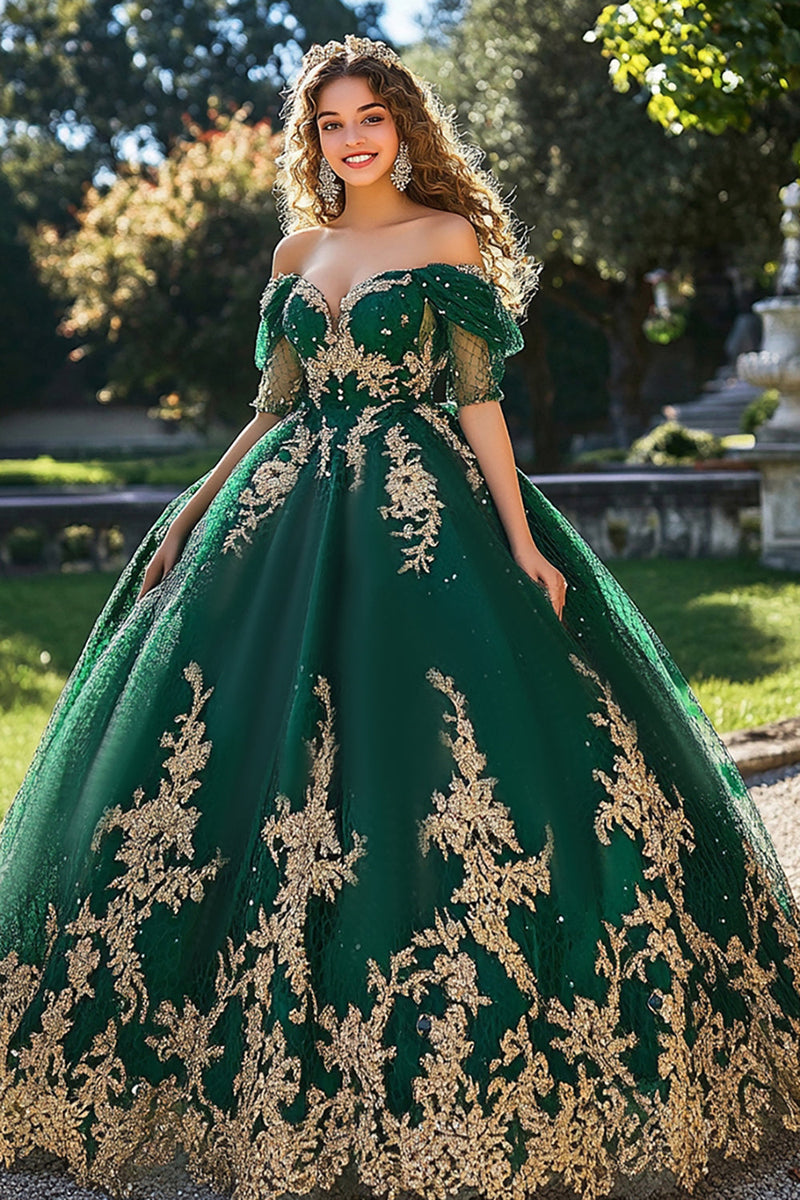 Load image into Gallery viewer, Dark Green Princess Tulle Off the Shoulder Quinceanera Dress with Appliques