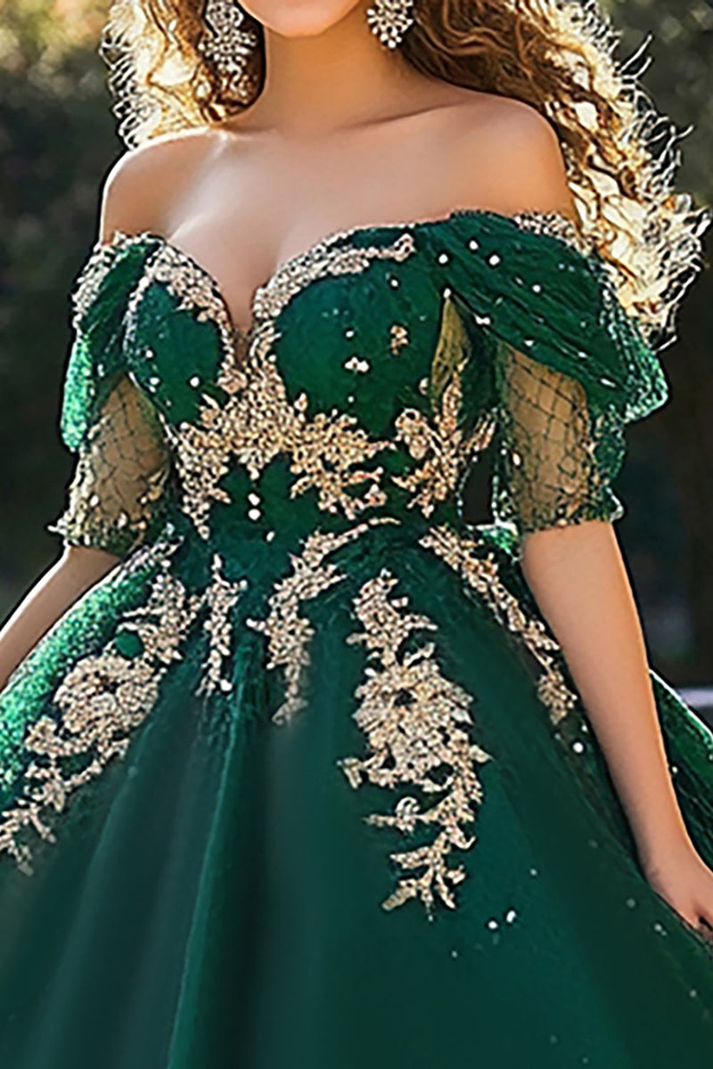 Load image into Gallery viewer, Dark Green Princess Tulle Off the Shoulder Quinceanera Dress with Appliques