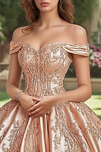 Blush Off the Shoulder Satin Princess Quinceanera Dress with Appliques