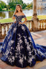 Load image into Gallery viewer, Navy Off the Shoulder Ball Gown Tulle Quinceanera Dress with Flower Appliques