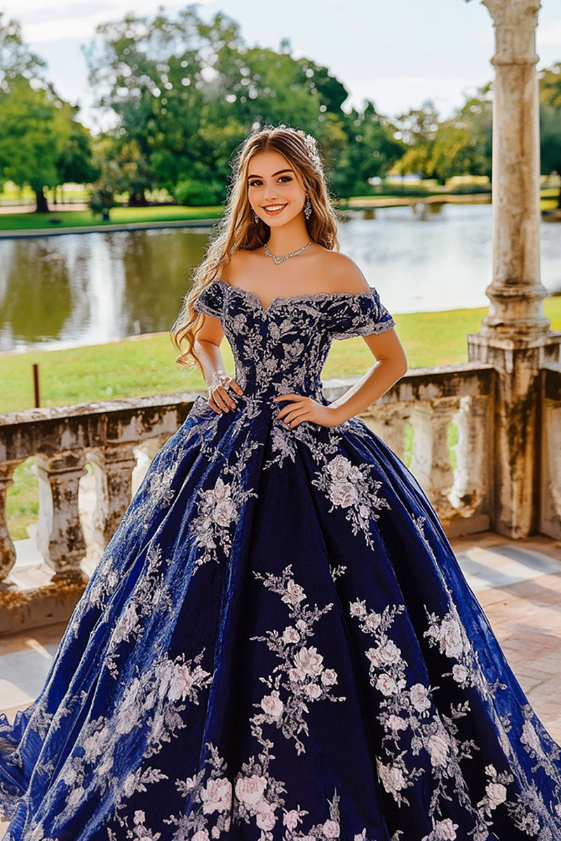 Load image into Gallery viewer, Navy Off the Shoulder Ball Gown Tulle Quinceanera Dress with Flower Appliques