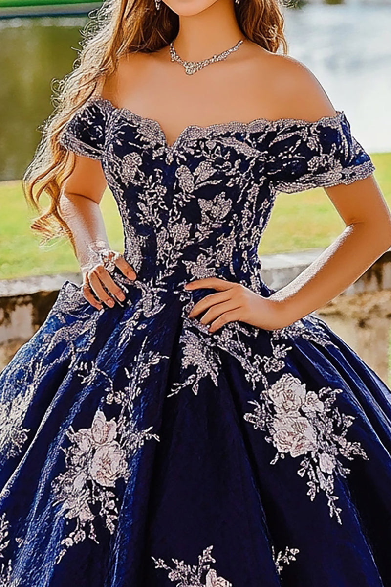 Load image into Gallery viewer, Navy Off the Shoulder Ball Gown Tulle Quinceanera Dress with Flower Appliques