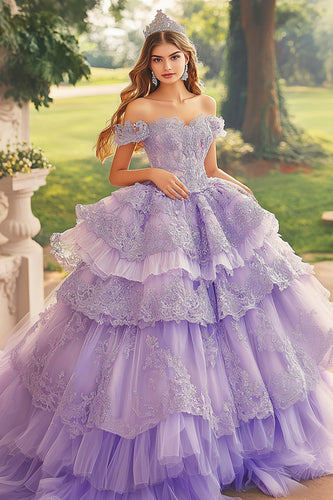 Plum Off the Shoulder Tulle Ball Gown Tiered Quinceanera Dress with Appliques