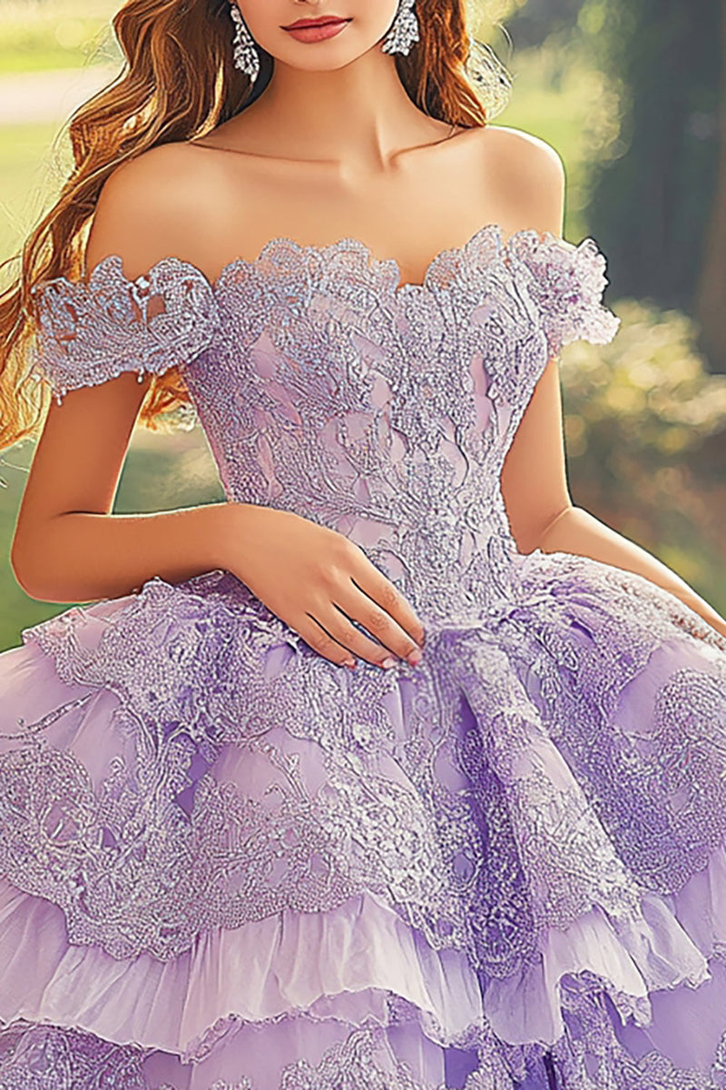 Load image into Gallery viewer, Plum Off the Shoulder Tulle Ball Gown Tiered Quinceanera Dress with Appliques