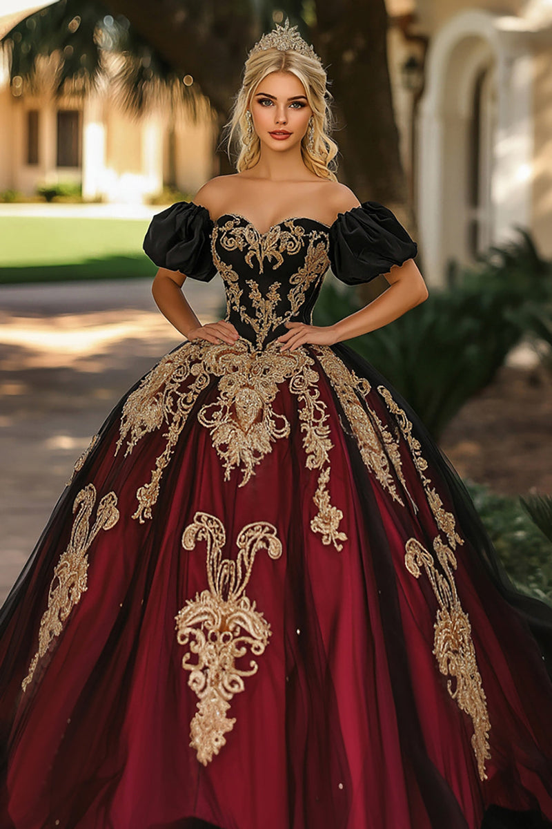 Load image into Gallery viewer, Burgundy and Black Off the Shoulder Ball Gown Organza Appliqued Quinceanera Dress with Puff Sleeves