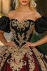 Load image into Gallery viewer, Burgundy and Black Off the Shoulder Ball Gown Organza Appliqued Quinceanera Dress with Puff Sleeves