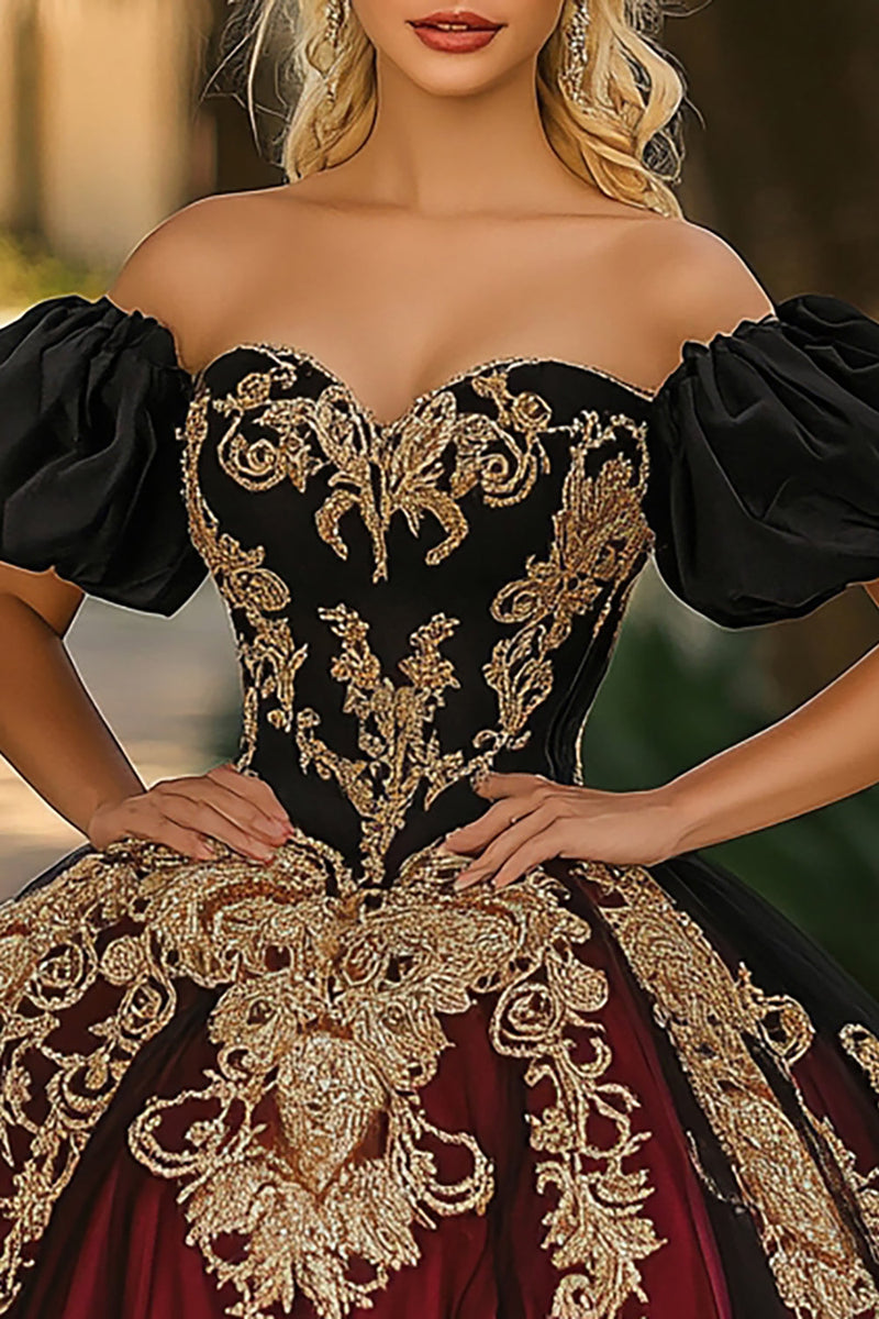 Load image into Gallery viewer, Burgundy and Black Off the Shoulder Ball Gown Organza Appliqued Quinceanera Dress with Puff Sleeves