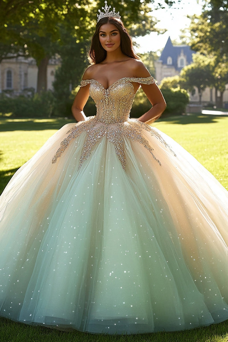 Load image into Gallery viewer, Sparkly Champagne Ball Gown Off the Shoulder Tulle Quinceanera Dress with Beading